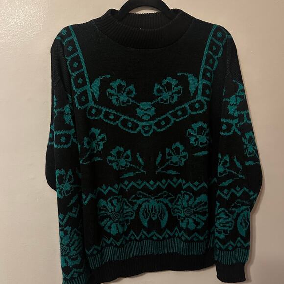 Brunny Sweaters - Vintage Brunny USA Made Black & Teal Floral Mock Neck Sweater Women’s Medium Coz